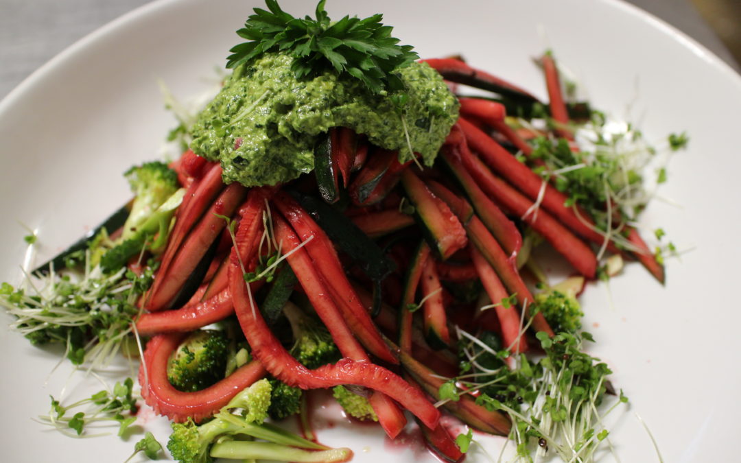 Red “Fettuccini” & Asparagus with Kale Basil Pesto