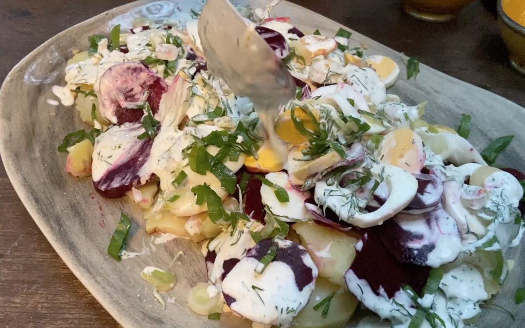 Potato, beetroot and egg salad with mayo dill sauce