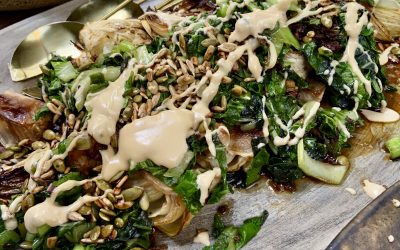 Roasted Bok Choy stalks & young cabbage, Bok Choy leaves, sunflower seeds served with tahini Tamari dressing